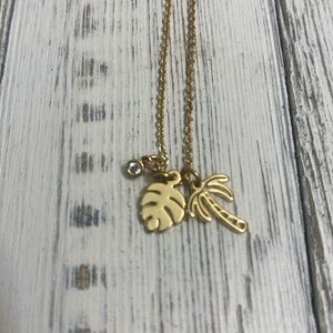 Cute Little Gold Tone Necklace with a Palm Tree, Leaf & round clear CZ Stone.